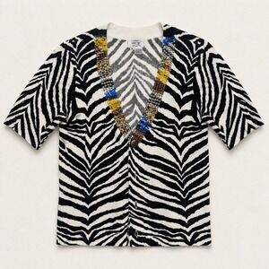Vintage Boho Y2K Zebra Bead Cardigan Cozy Glam Maximalist Just sz S Animal Print